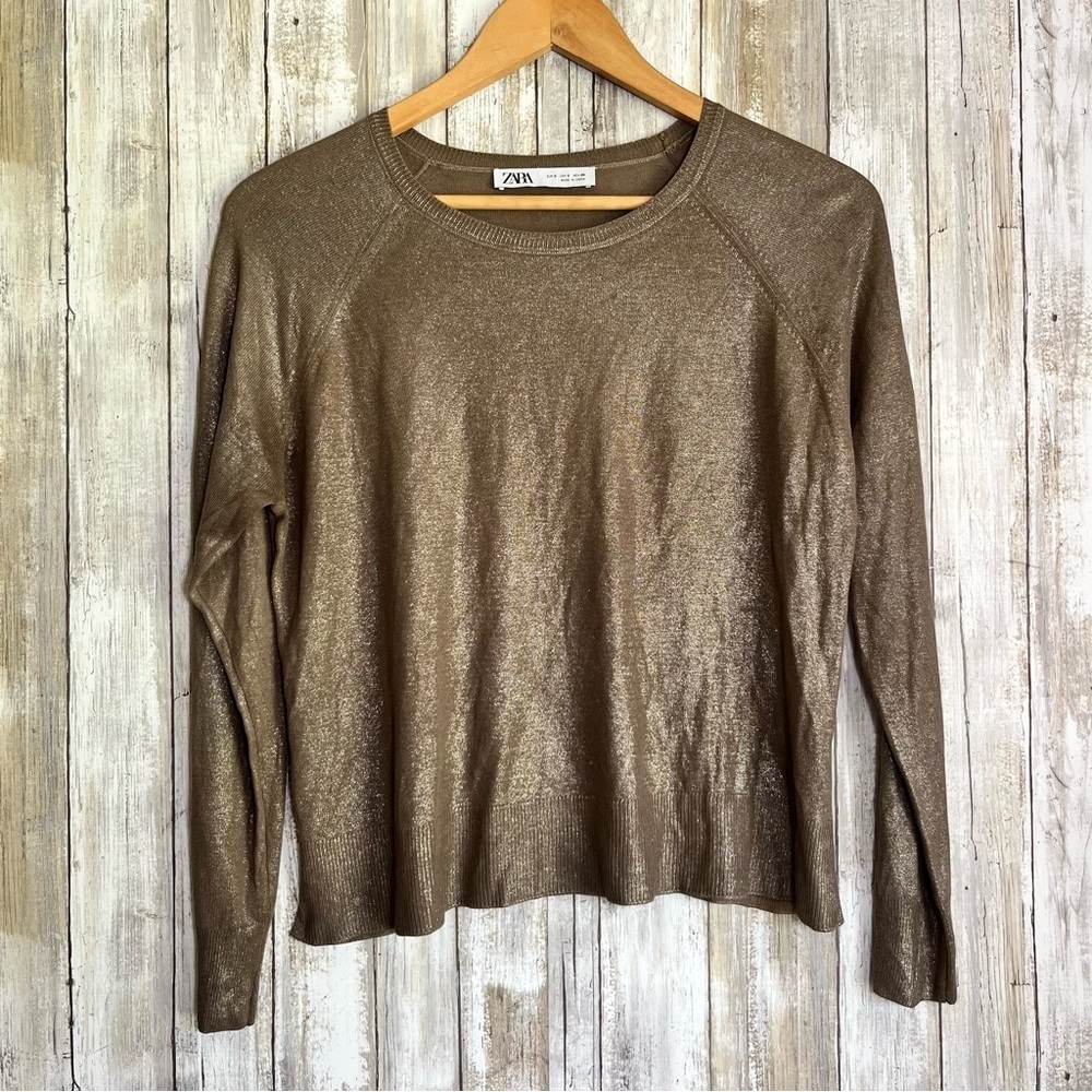 Zara Metallic Gold Shimmer Knit Top Long Sleeve Lightweight Sweater Size S